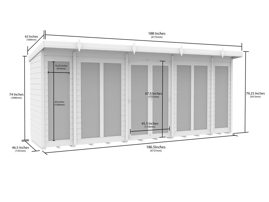 16ft x 4ft Pent Summer House (Full Height Window)